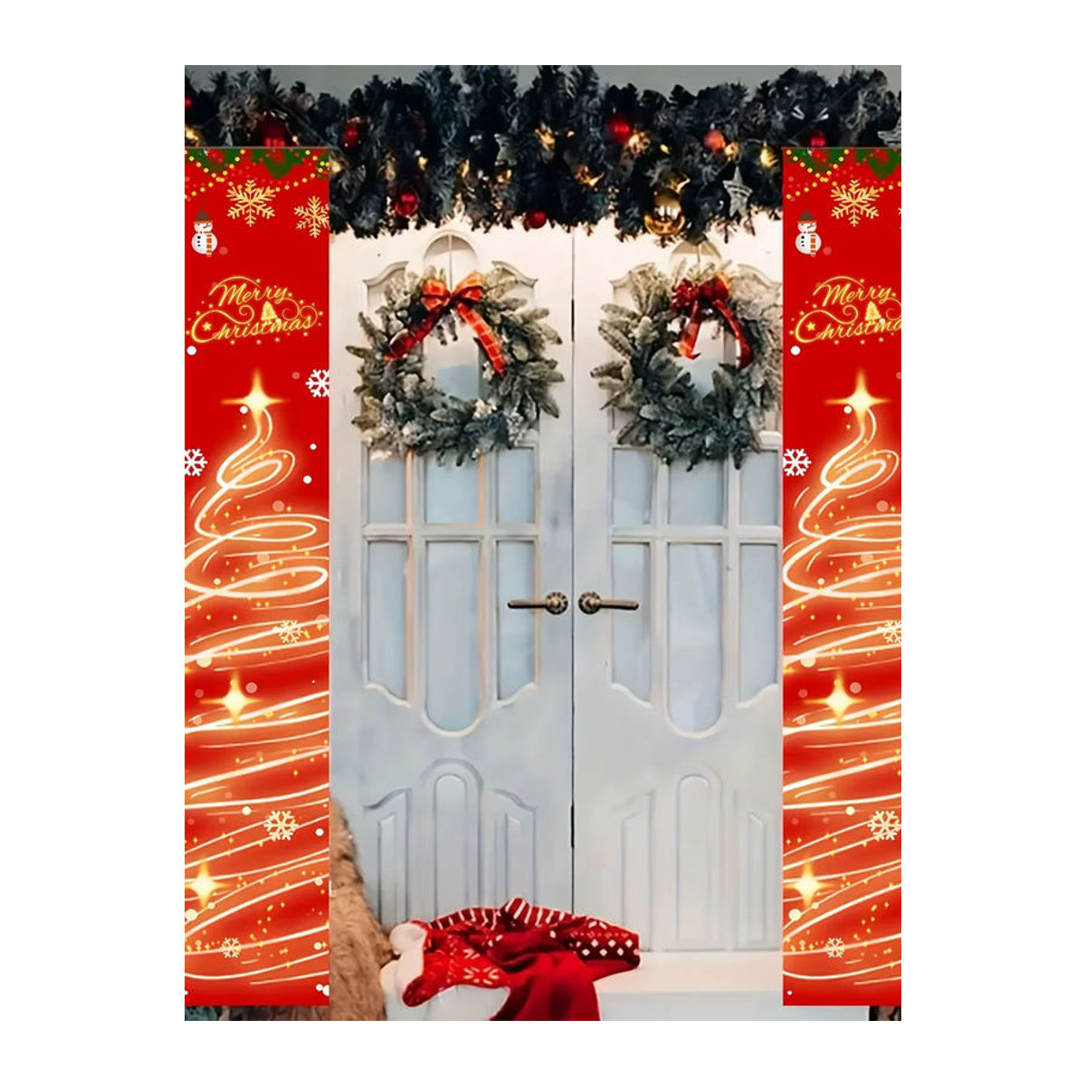 VIKAMA Weihnachts-Türbanner mit Schneeflocken in Rot, hängende Textil-Dekoration für Haustür und Veranda, B/H: 30 x 180 cm - Bild 6