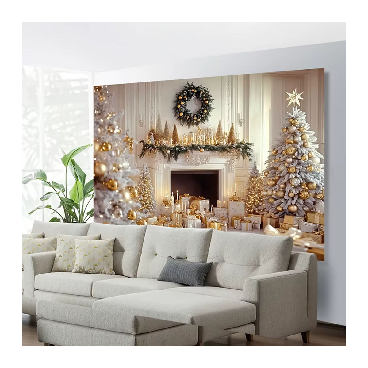 VIKAMA Weihnachts Wandbehang mit floralem Design, weißer Stoff-Tapisserie zur Wanddekoration, B: 60 cm, H: 40 cm - Bild 2