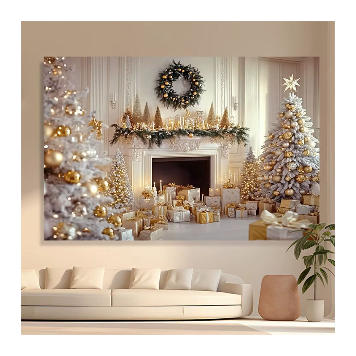VIKAMA Weihnachts Wandbehang mit floralem Design, weißer Stoff-Tapisserie zur Wanddekoration, B: 60 cm, H: 40 cm - Bild 3