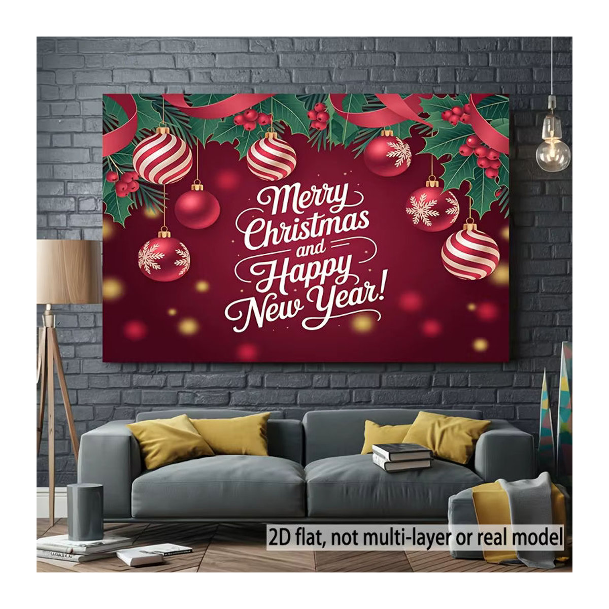 VIKAMA Weihnachts Wandteppich mit Beeren- und Weihnachtskugel-Motiv in Rot, rechteckiger Textildruck für deine Raumdekoration - Bild 3