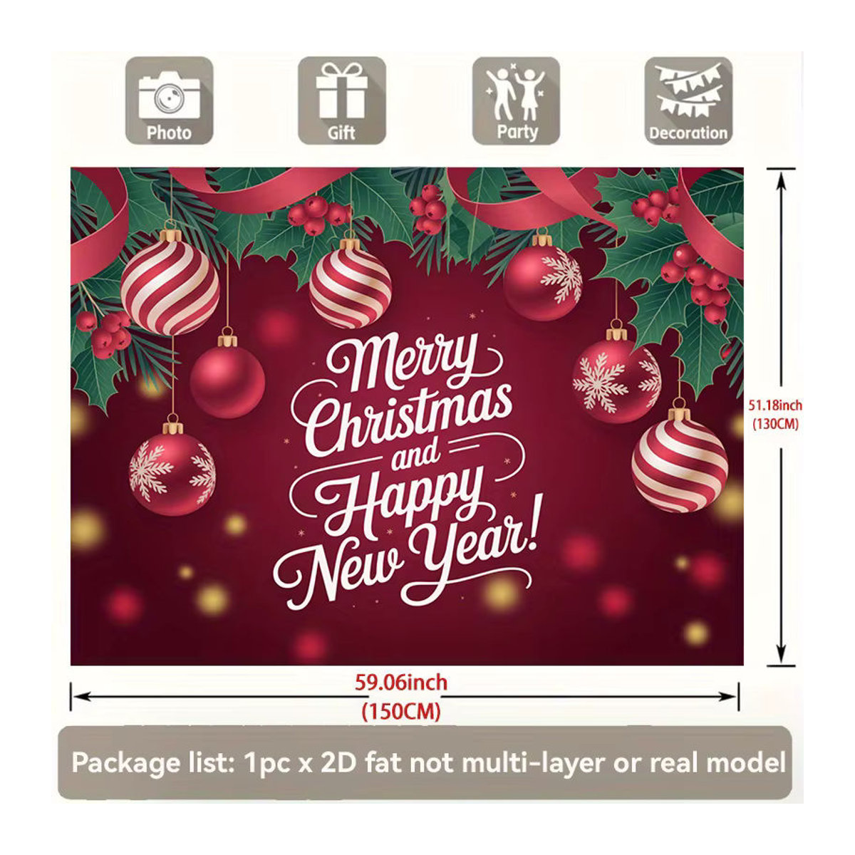 VIKAMA Weihnachts Wandteppich mit Beeren- und Weihnachtskugel-Motiv in Rot, rechteckiger Textildruck für deine Raumdekoration - Bild 4