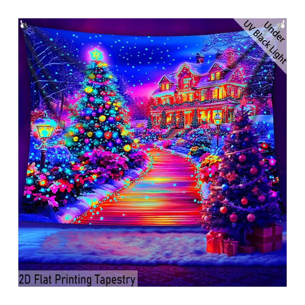 VIKAMA Weihnachts-Wandteppich mit glamourösem Weihnachtsbaum und Landschaft, mehrfarbig, Textil-Wandbehang zur Raumdekoration - Bild 1
