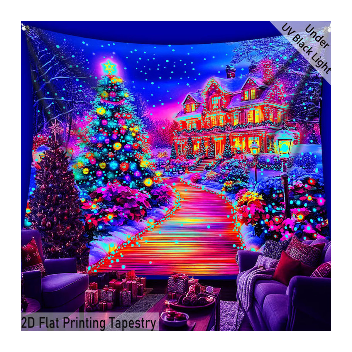 VIKAMA Weihnachts-Wandteppich mit glamourösem Weihnachtsbaum und Landschaft, mehrfarbig, Textil-Wandbehang zur Raumdekoration - Bild 2
