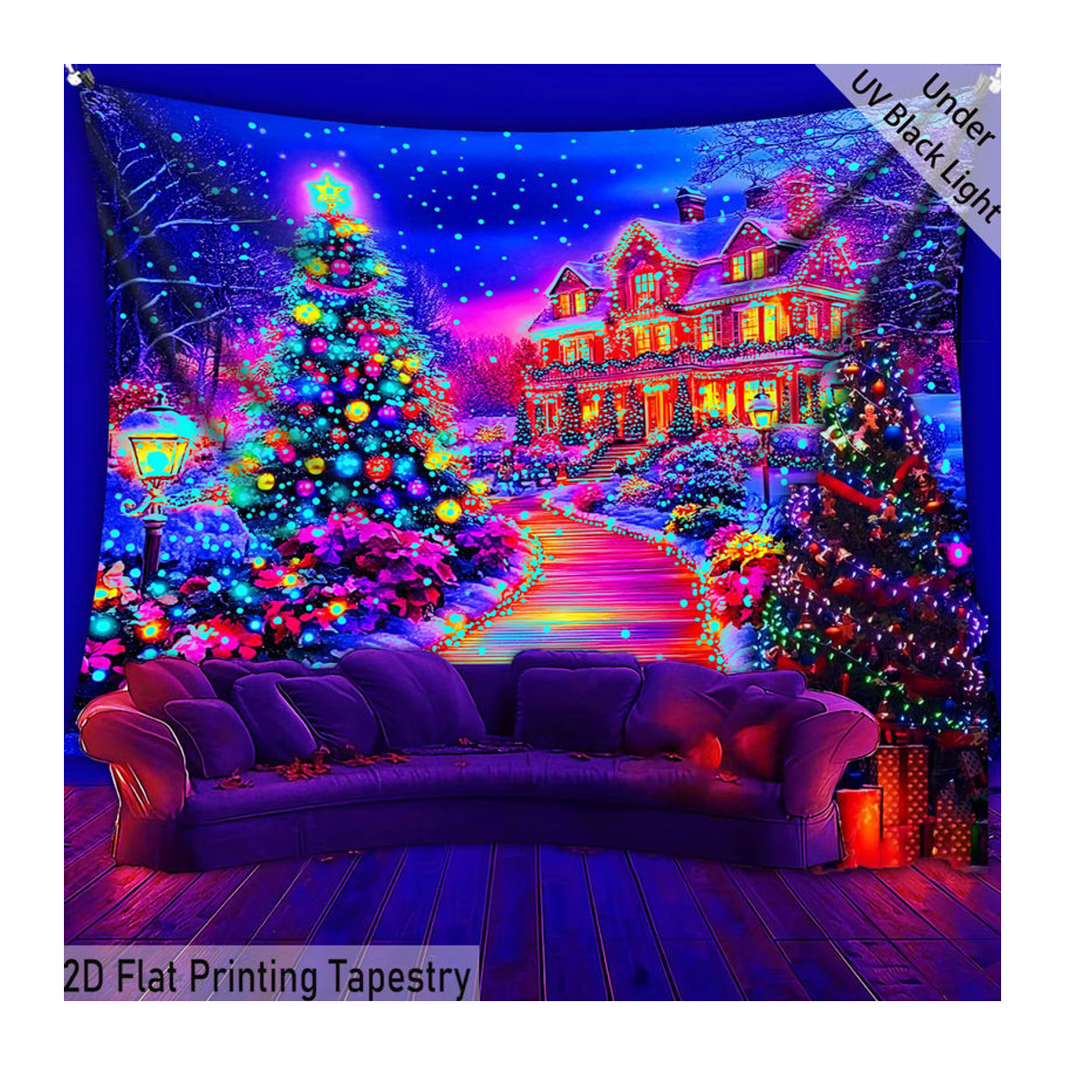VIKAMA Weihnachts-Wandteppich mit glamourösem Weihnachtsbaum und Landschaft, mehrfarbig, Textil-Wandbehang zur Raumdekoration - Bild 3