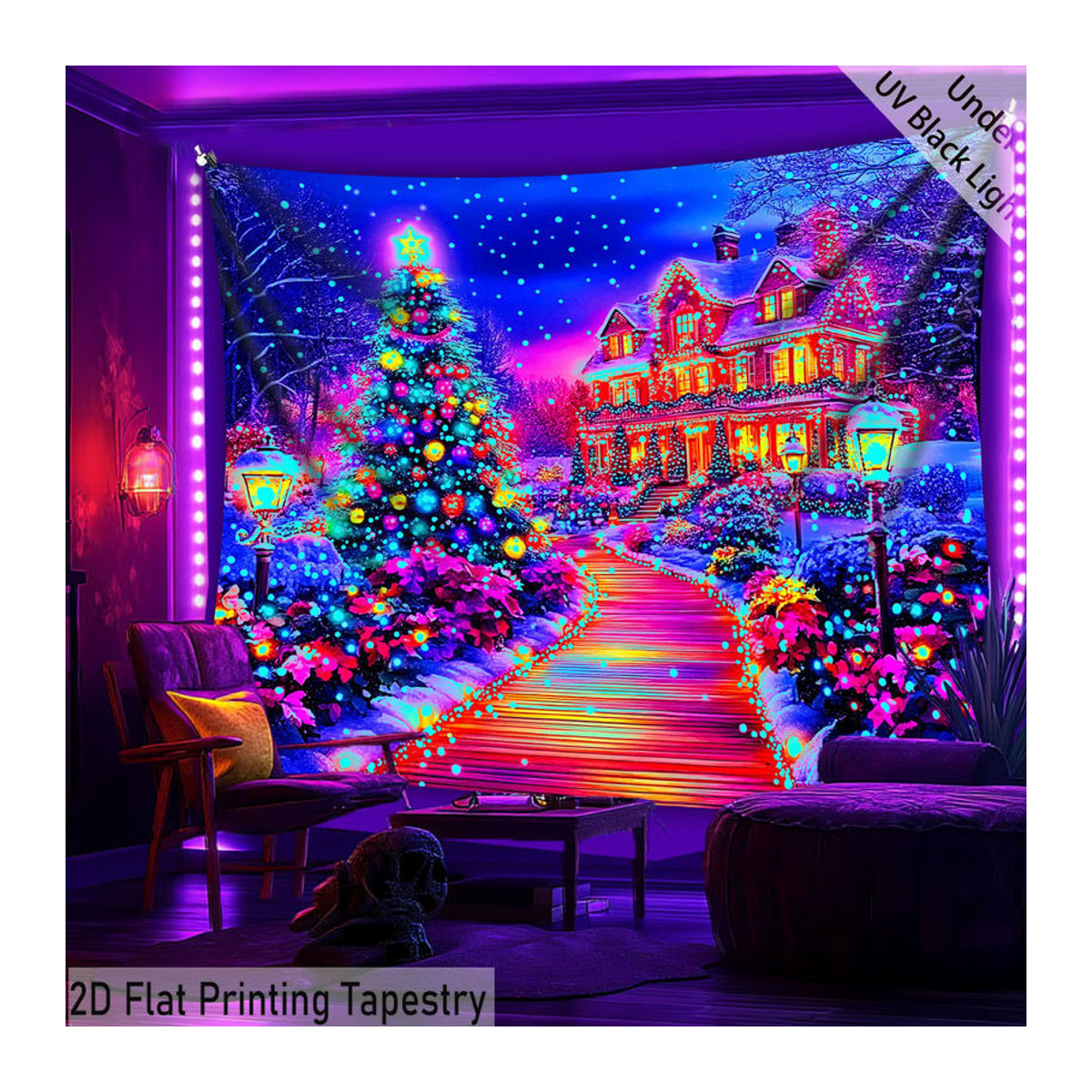 VIKAMA Weihnachts-Wandteppich mit glamourösem Weihnachtsbaum und Landschaft, mehrfarbig, Textil-Wandbehang zur Raumdekoration - Bild 4