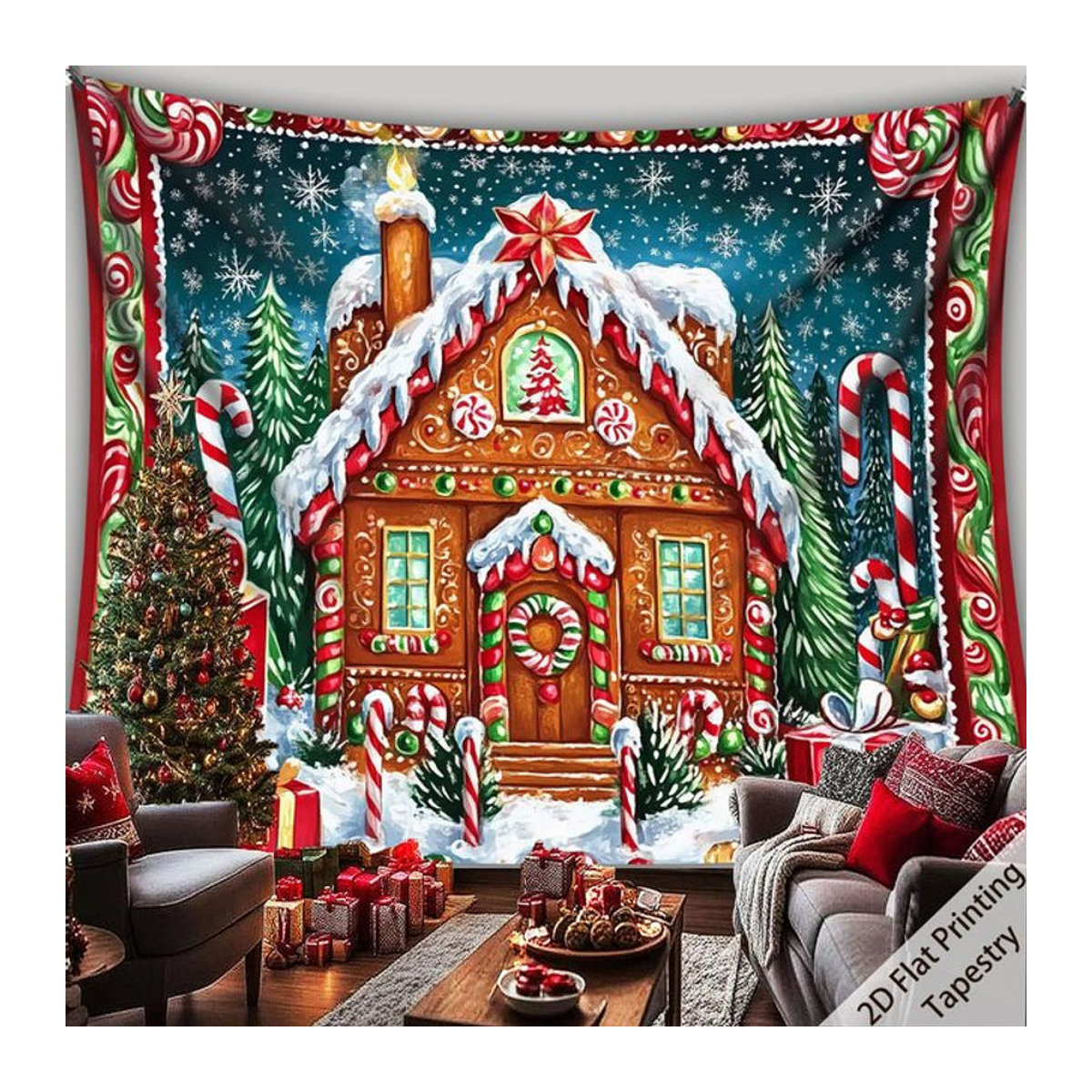 VIKAMA Weihnachts-Wandteppich mit Lebkuchenhaus-Motiv, mehrfarbig, rechteckig, Wanddekoration aus Textil - Bild 1