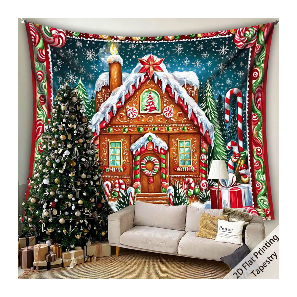 VIKAMA Weihnachts-Wandteppich mit Lebkuchenhaus-Motiv, mehrfarbig, rechteckig, Wanddekoration aus Textil - Bild 2
