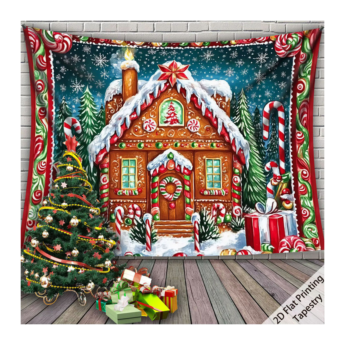 VIKAMA Weihnachts-Wandteppich mit Lebkuchenhaus-Motiv, mehrfarbig, rechteckig, Wanddekoration aus Textil - Bild 3