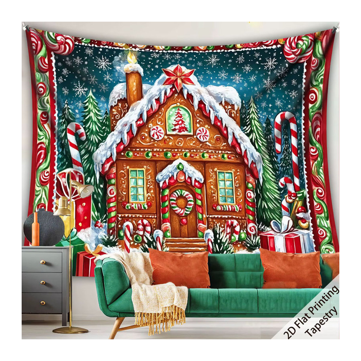 VIKAMA Weihnachts-Wandteppich mit Lebkuchenhaus-Motiv, mehrfarbig, rechteckig, Wanddekoration aus Textil - Bild 4