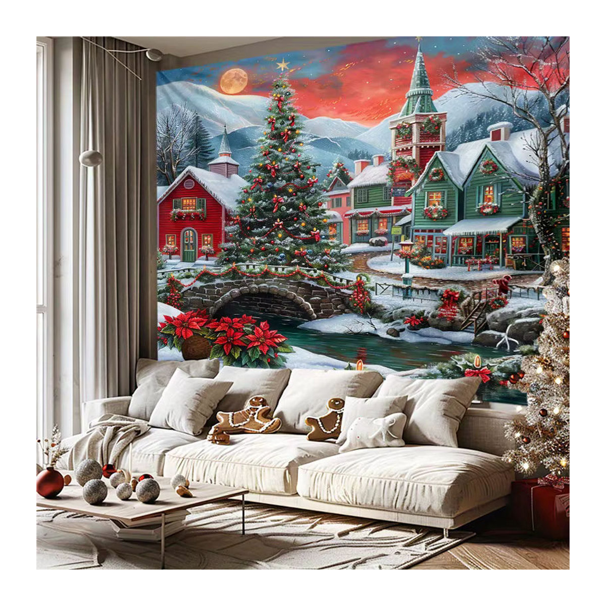 VIKAMA Weihnachts Wandteppich mit leuchtender Schneelandschaft, mehrfarbiger Textildruck als Wanddekoration für dein Wohnzimmer, rechteckig - Bild 2