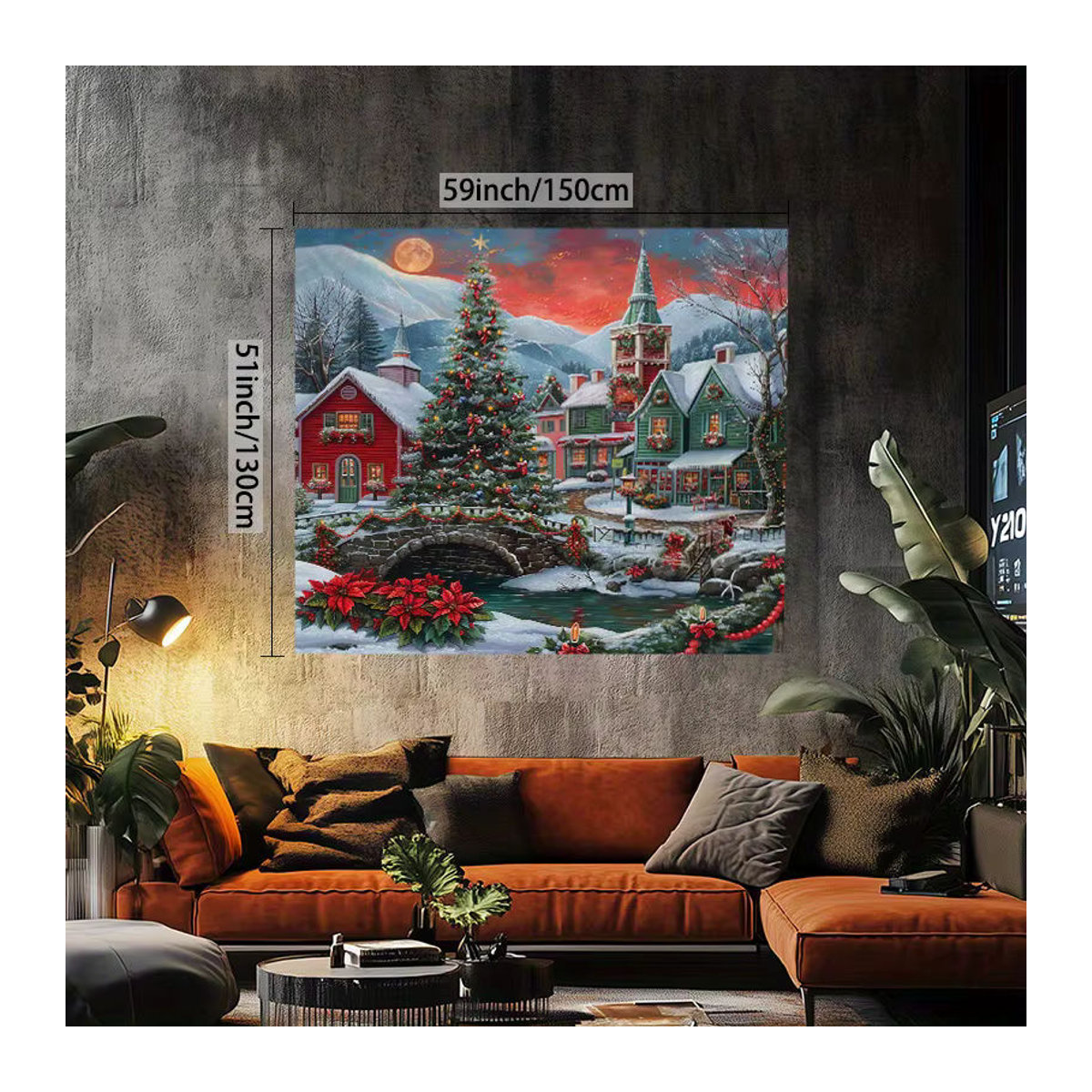 VIKAMA Weihnachts Wandteppich mit leuchtender Schneelandschaft, mehrfarbiger Textildruck als Wanddekoration für dein Wohnzimmer, rechteckig - Bild 3