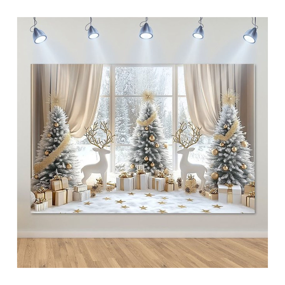 VIKAMA Weihnachts Wandteppich mit Schnee-Landschaft und weißem Hirsch als dekorativer Wandbehang für dein Wohnzimmer - Bild 1
