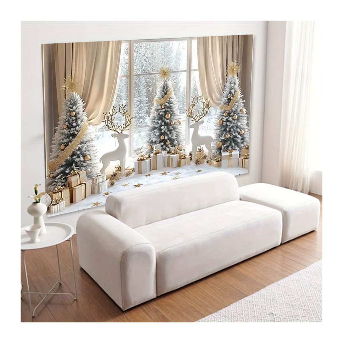 VIKAMA Weihnachts Wandteppich mit Schnee-Landschaft und weißem Hirsch als dekorativer Wandbehang für dein Wohnzimmer - Bild 4