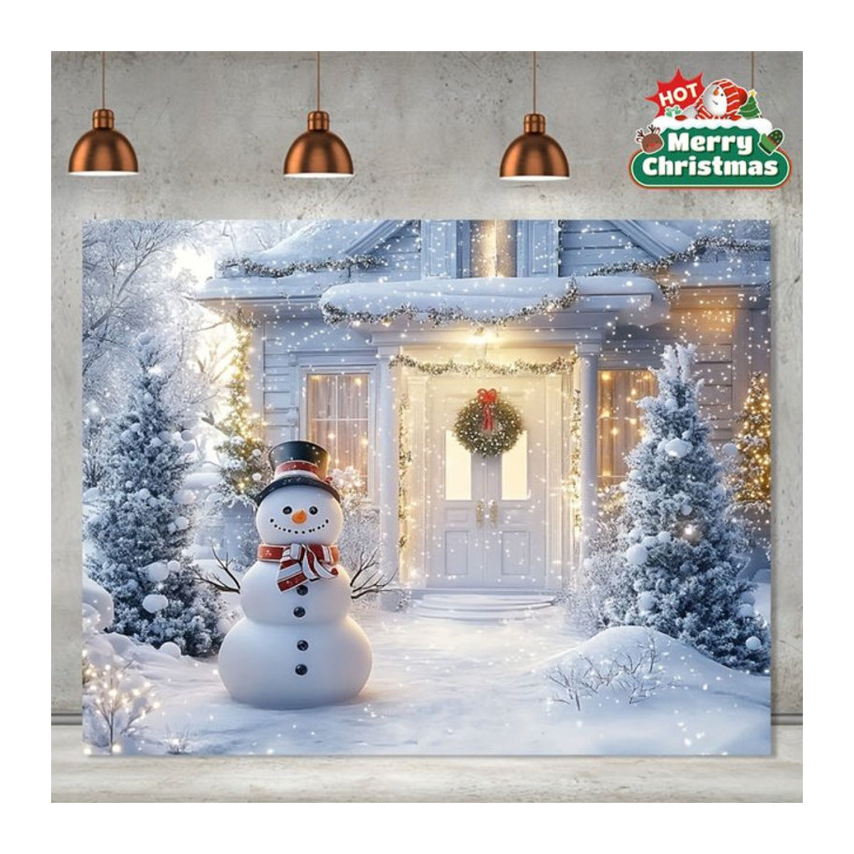VIKAMA Weihnachts Wandteppich mit Schneemann und Kiefernwald in weißer Landschaftsoptik, rechteckiger Textildruck zur Raumdekoration, B/H: 60 x 40 cm - Bild 1