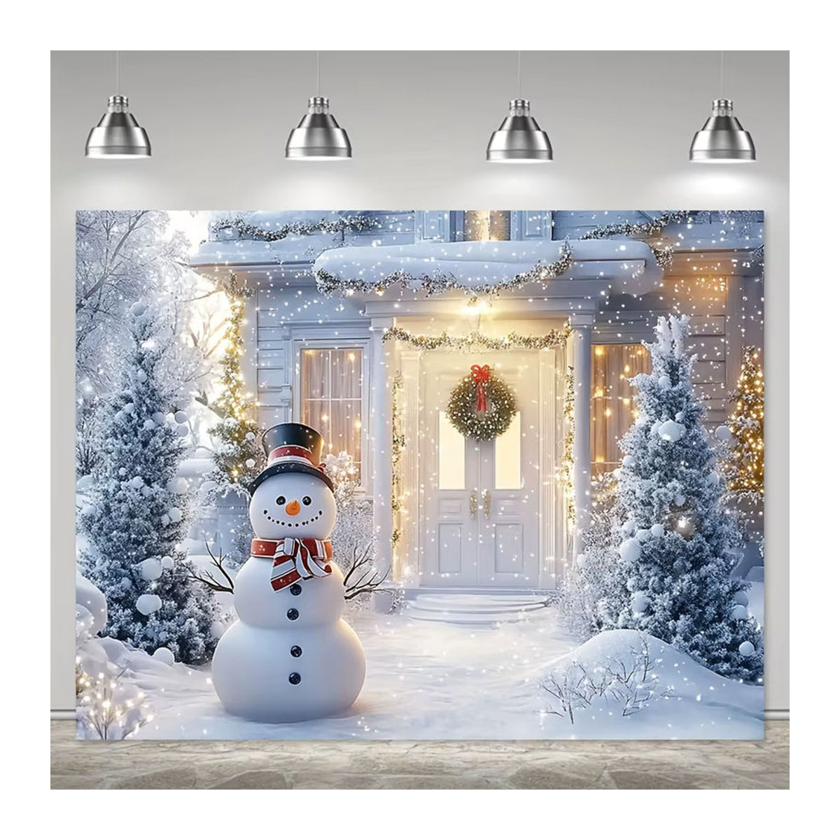 VIKAMA Weihnachts Wandteppich mit Schneemann und Kiefernwald in weißer Landschaftsoptik, rechteckiger Textildruck zur Raumdekoration, B/H: 60 x 40 cm - Bild 2