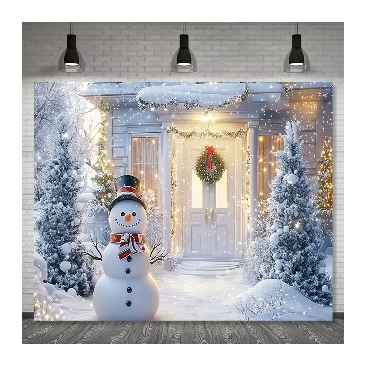 VIKAMA Weihnachts Wandteppich mit Schneemann und Kiefernwald in weißer Landschaftsoptik, rechteckiger Textildruck zur Raumdekoration, B/H: 60 x 40 cm - Bild 3
