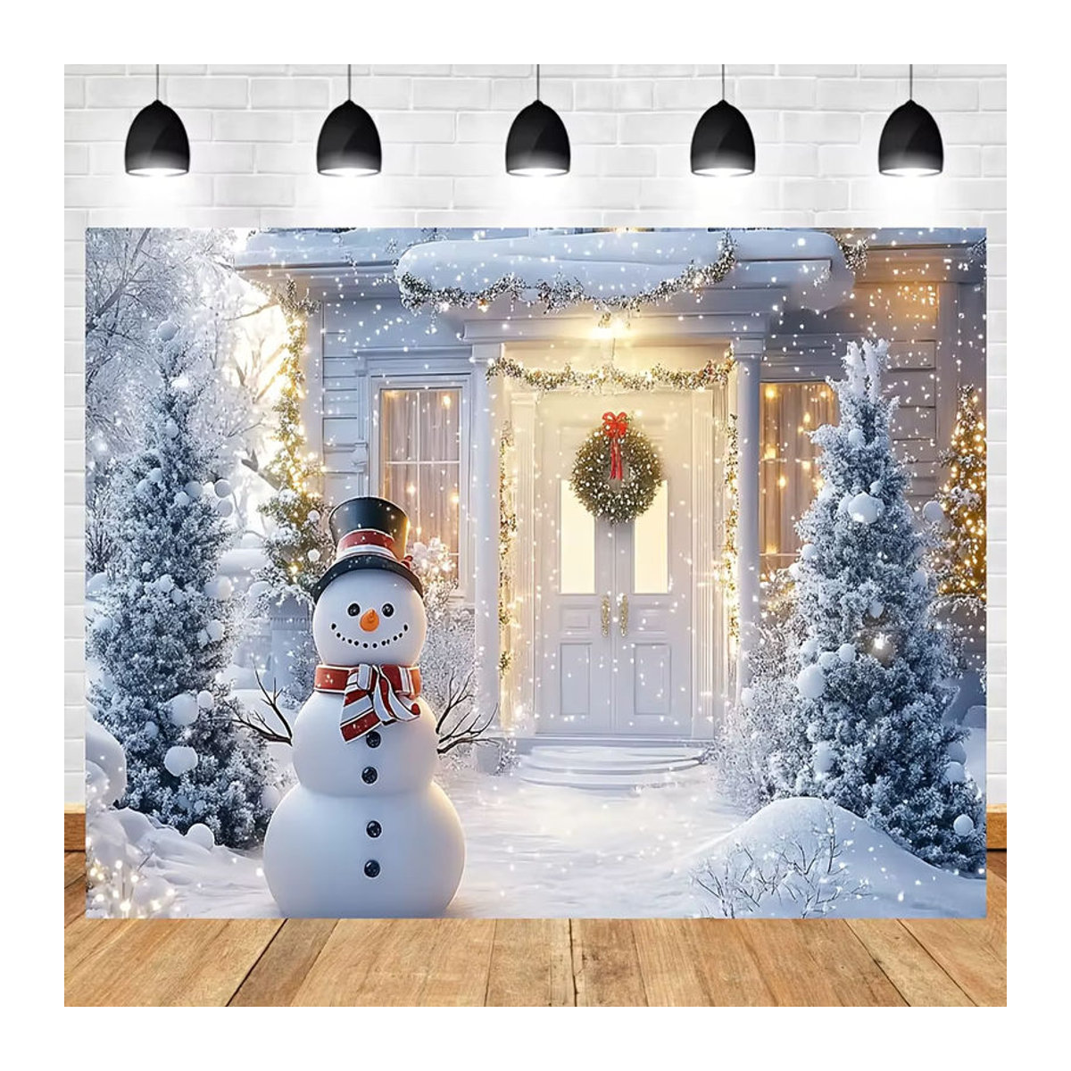 VIKAMA Weihnachts Wandteppich mit Schneemann und Kiefernwald in weißer Landschaftsoptik, rechteckiger Textildruck zur Raumdekoration, B/H: 60 x 40 cm - Bild 4