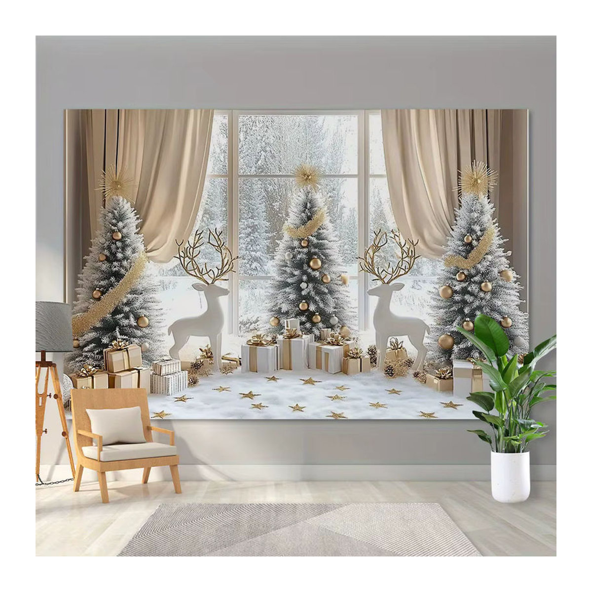 VIKAMA Weihnachts-Wandteppich mit Schneewald-Landschaft und Rentier, weiß, B: 150 cm, H: 100 cm - Bild 2
