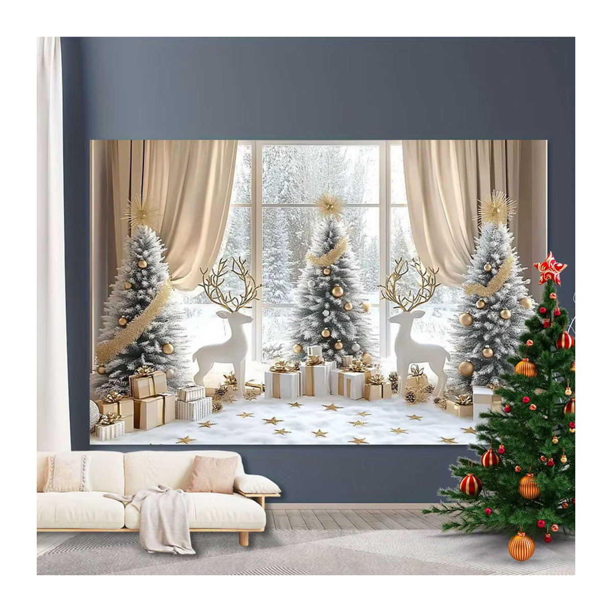 VIKAMA Weihnachts-Wandteppich mit Schneewald-Landschaft und Rentier, weiß, B: 150 cm, H: 100 cm - Bild 3