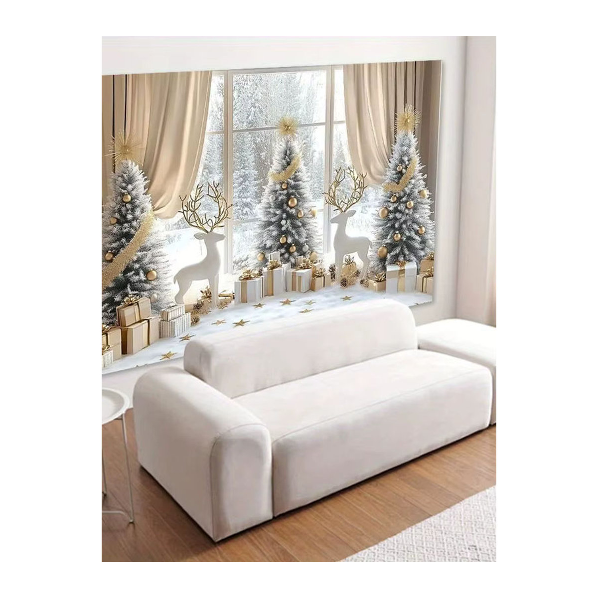 VIKAMA Weihnachts-Wandteppich mit Schneewald-Landschaft und Rentier, weiß, B: 150 cm, H: 100 cm - Bild 5