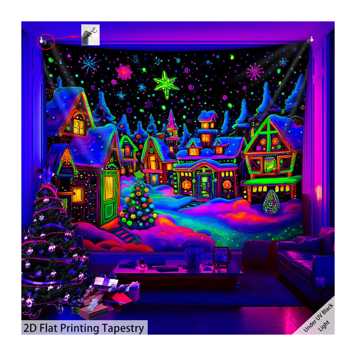 VIKAMA Weihnachts-Wandteppich mit Stadtmotiv, mehrfarbig, rechteckiger Textil-Wandbehang für deine festliche Dekoration, B/H: 60 x 40 cm - Bild 2