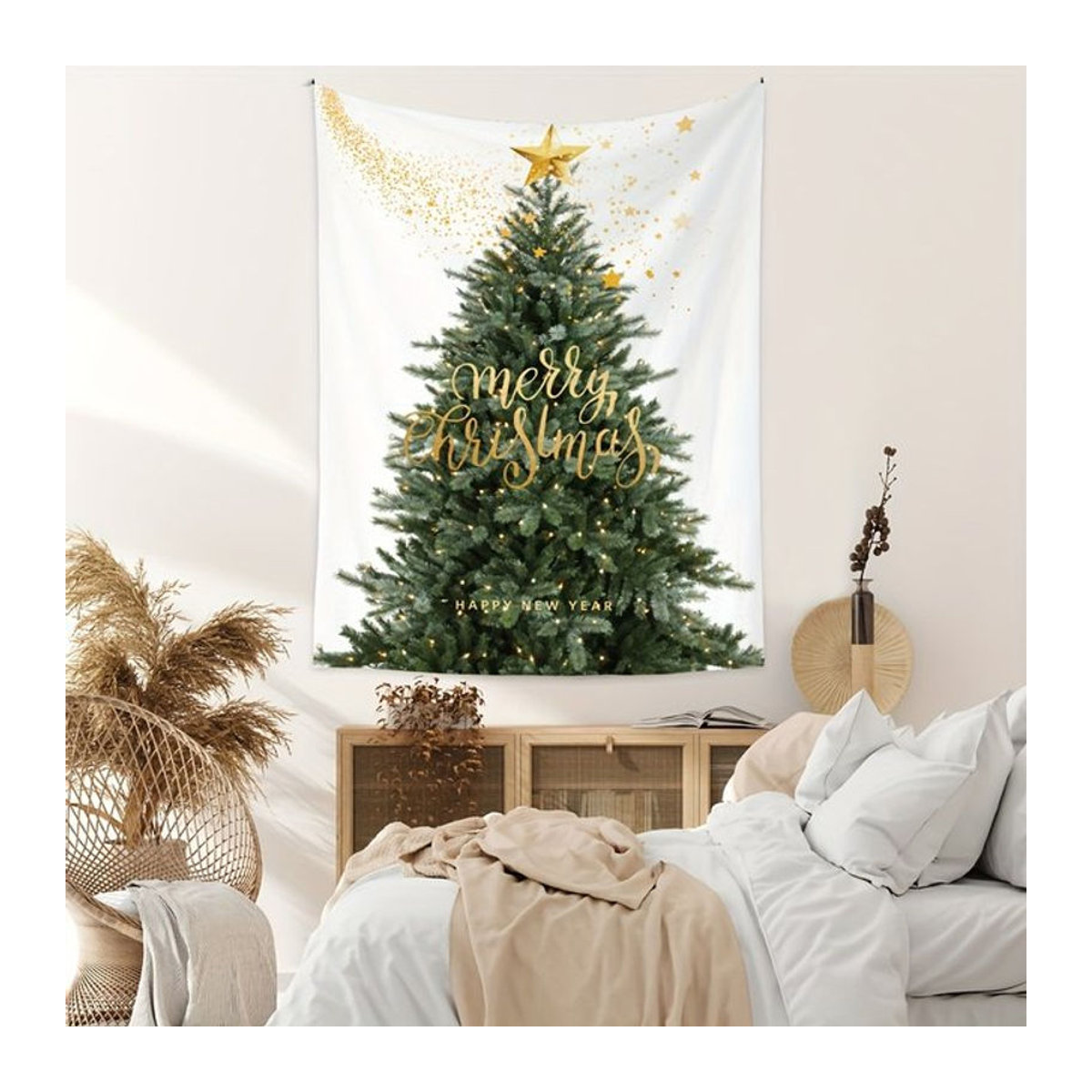 VIKAMA Weihnachts-Wandteppich mit Sternen und Weihnachtsbaum-Design, weiß, Textil, B/H: 60 x 40 cm - Bild 1