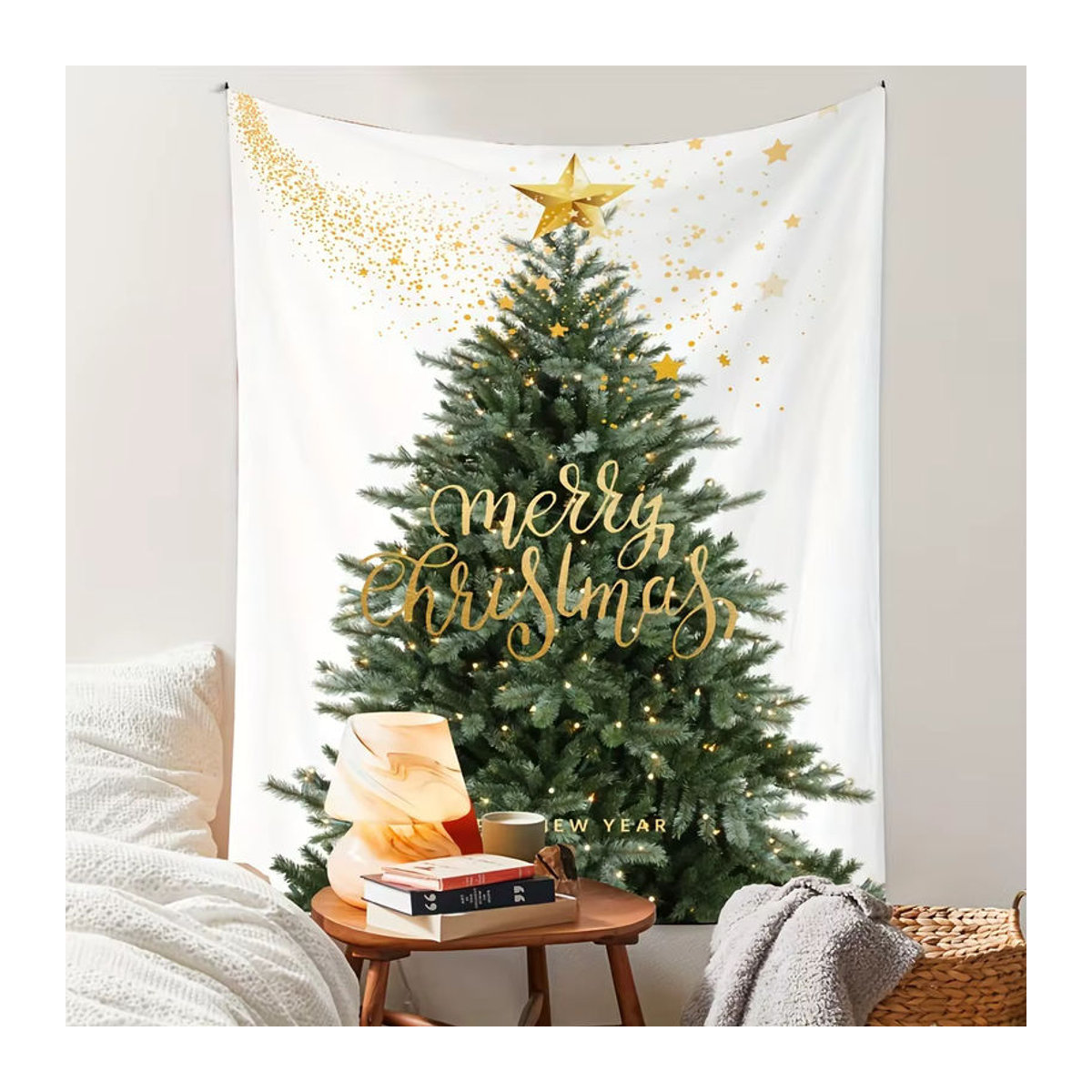 VIKAMA Weihnachts-Wandteppich mit Sternen und Weihnachtsbaum-Design, weiß, Textil, B/H: 60 x 40 cm - Bild 3
