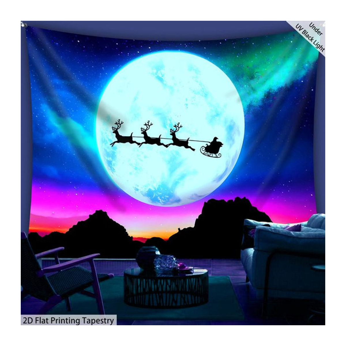 VIKAMA Weihnachts-Wandteppich mit Weihnachtsmann-Schlitten und Landschaft, mehrfarbig, Textil, B/H: 60 x 40 cm - Bild 1