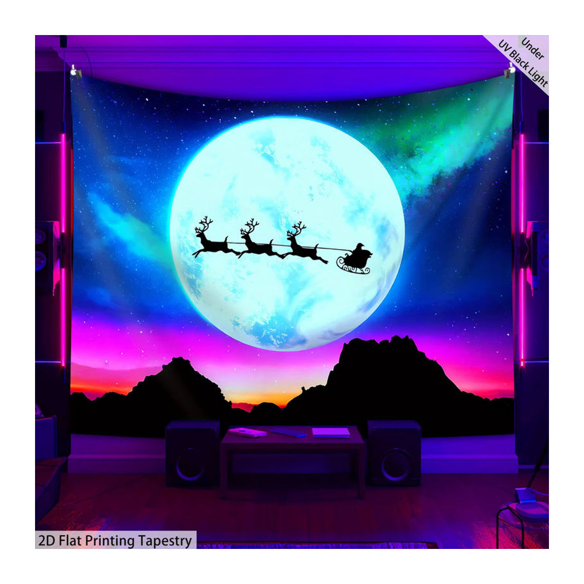 VIKAMA Weihnachts-Wandteppich mit Weihnachtsmann-Schlitten und Landschaft, mehrfarbig, Textil, B/H: 60 x 40 cm - Bild 2