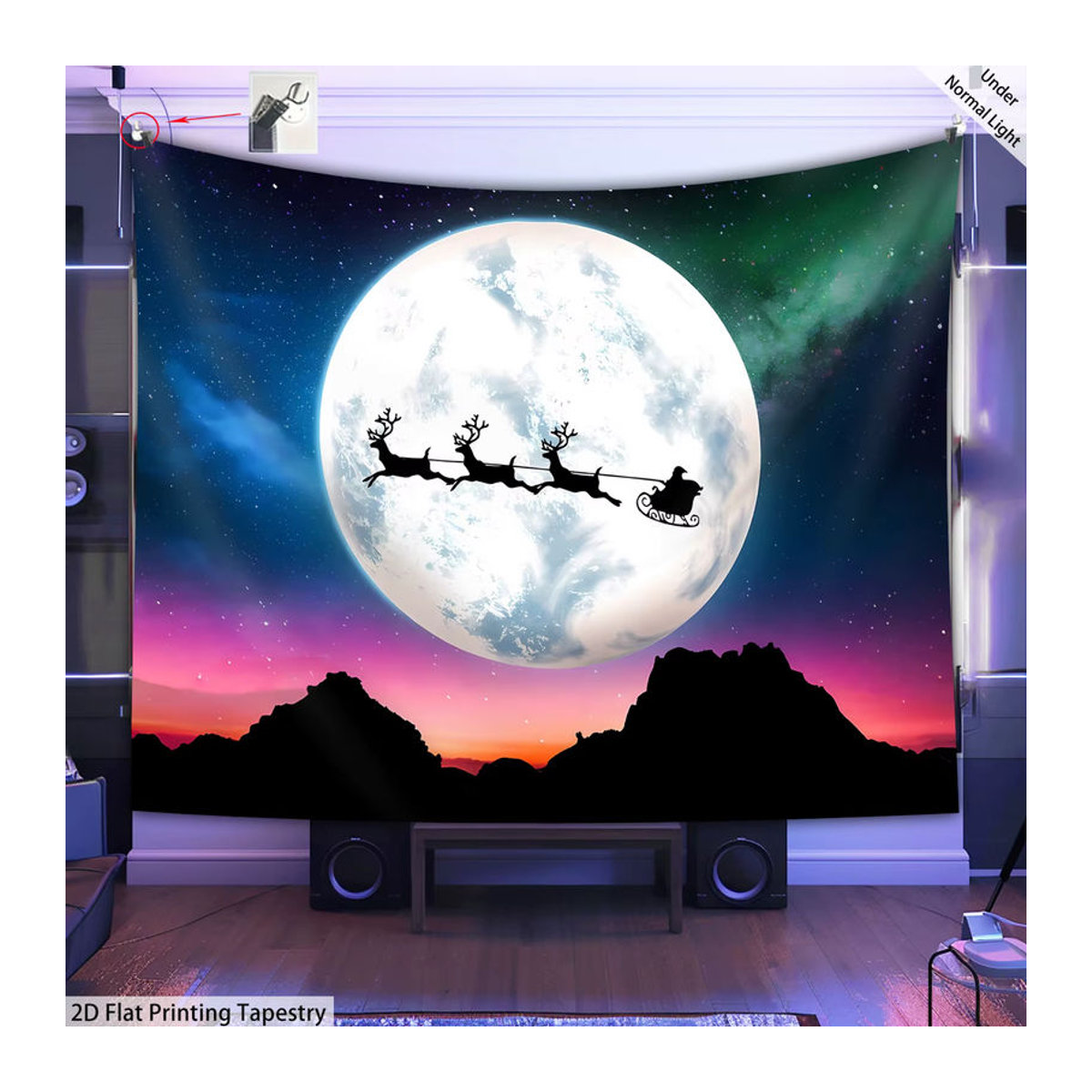VIKAMA Weihnachts-Wandteppich mit Weihnachtsmann-Schlitten und Landschaft, mehrfarbig, Textil, B/H: 60 x 40 cm - Bild 3