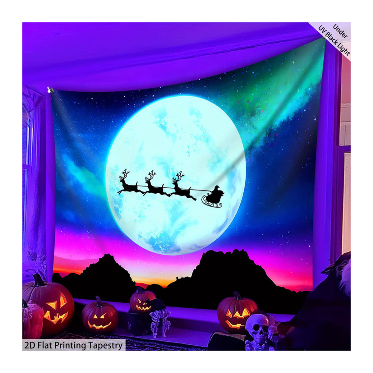 VIKAMA Weihnachts-Wandteppich mit Weihnachtsmann-Schlitten und Landschaft, mehrfarbig, Textil, B/H: 60 x 40 cm - Bild 4