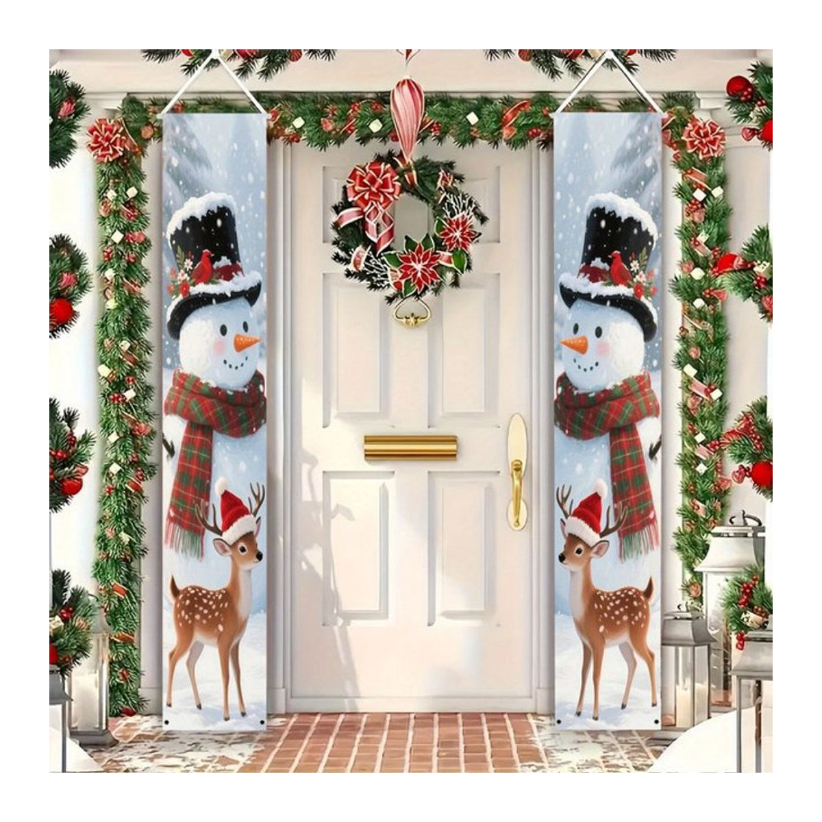 VIKAMA Weihnachtsbanner mit Schneemann und Rentier, hängendes 2D-Willkommensschild in Weiß, B/H: 180 x 30 cm - Bild 1