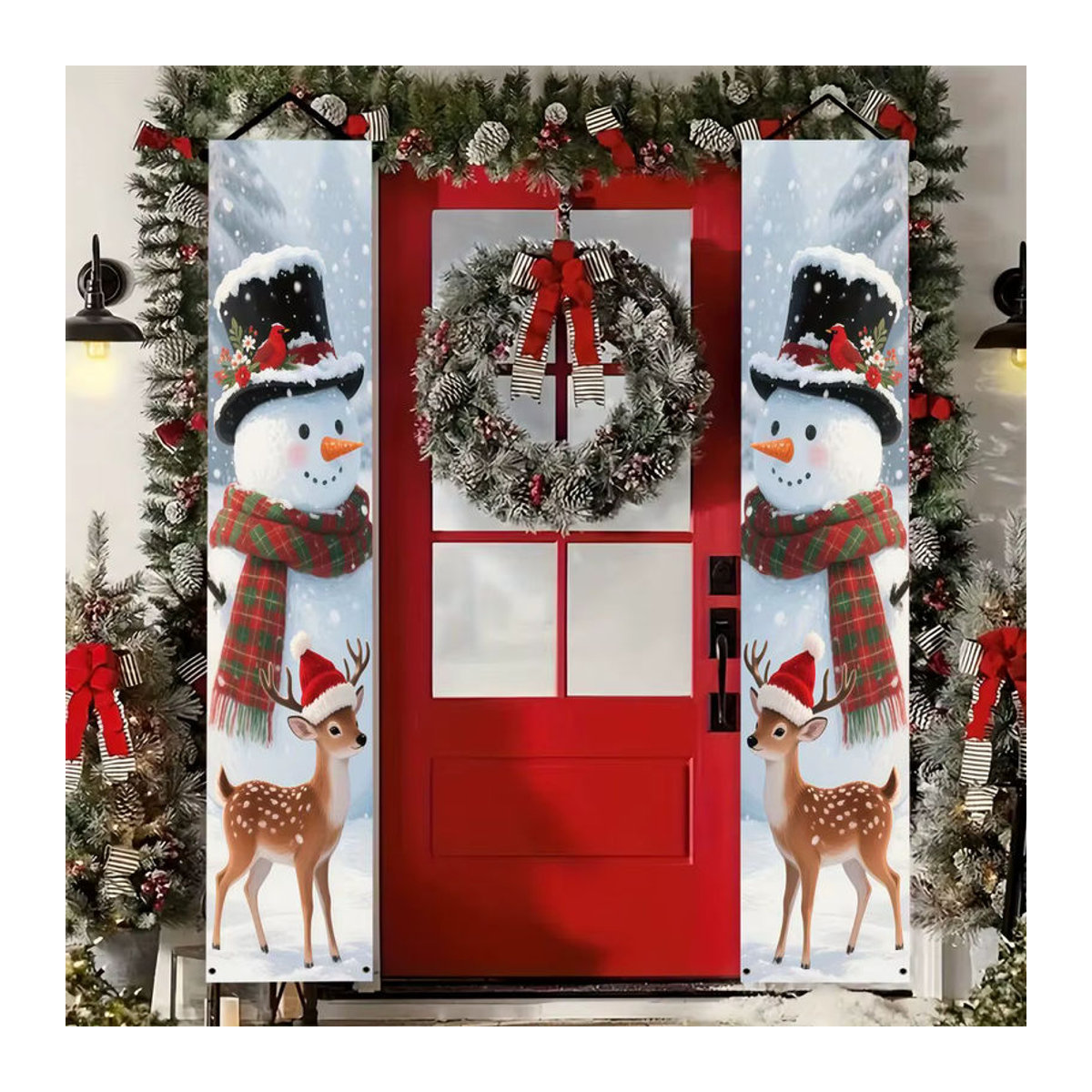 VIKAMA Weihnachtsbanner mit Schneemann und Rentier, hängendes 2D-Willkommensschild in Weiß, B/H: 180 x 30 cm - Bild 4