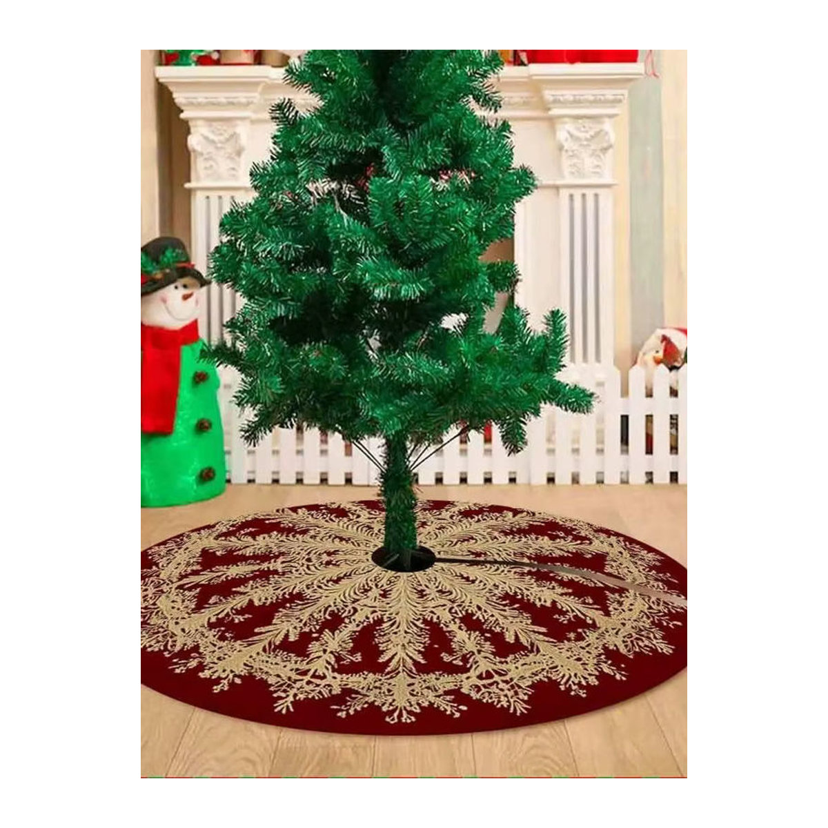 VIKAMA Weihnachtsbaum Basis Abdeckung mit Schneeflocken und Kiefernzweigen in Weinrot - Bild 5