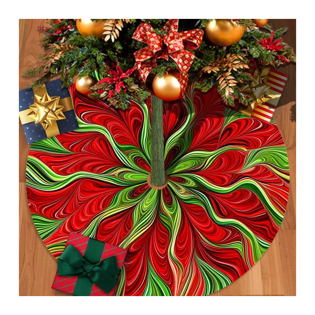 VIKAMA Weihnachtsbaum-Kleid mit abstraktem Vortex-Muster in Rot und Grün für die Familie - Bild 1
