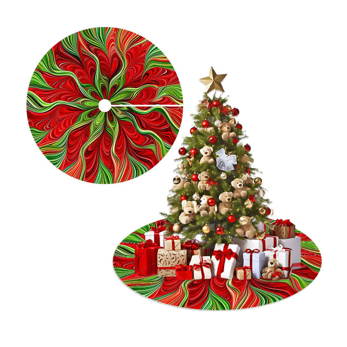 VIKAMA Weihnachtsbaum-Kleid mit abstraktem Vortex-Muster in Rot und Grün für die Familie - Bild 2