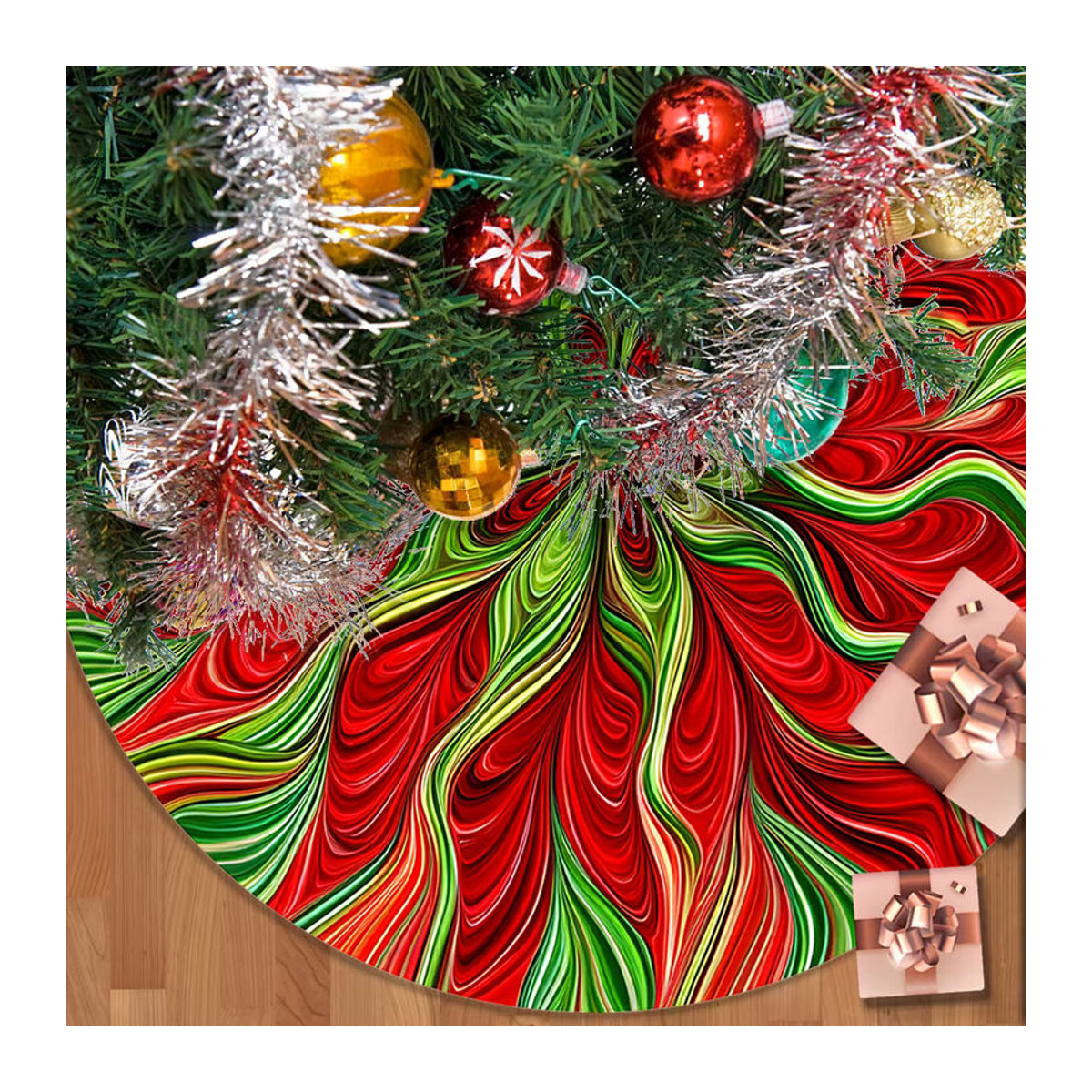 VIKAMA Weihnachtsbaum-Kleid mit abstraktem Vortex-Muster in Rot und Grün für die Familie - Bild 3