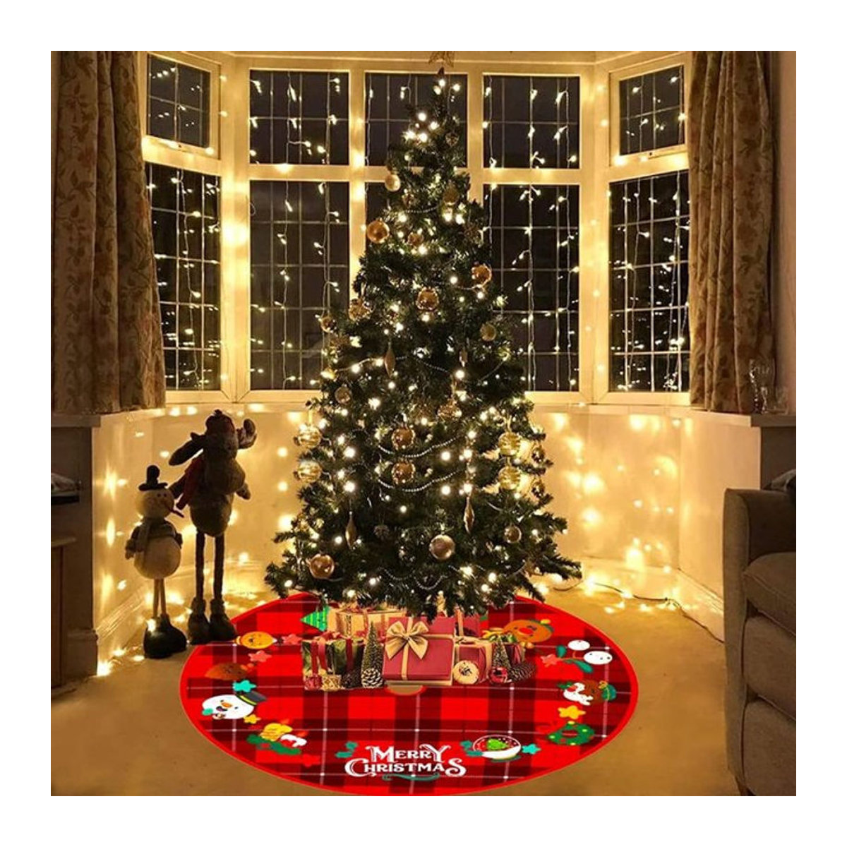 VIKAMA Weihnachtsbaum Rock in Rot mit kariertem Cartoon-Design als runde Textil-Dekoration für dein Zuhause - Bild 1