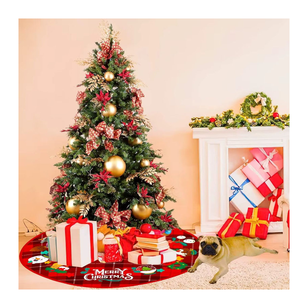 VIKAMA Weihnachtsbaum Rock in Rot mit kariertem Cartoon-Design als runde Textil-Dekoration für dein Zuhause - Bild 2