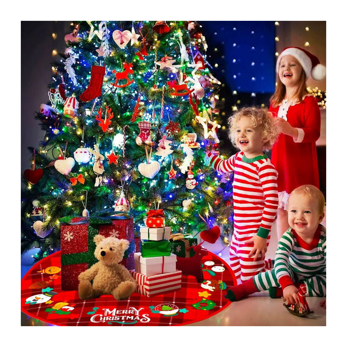 VIKAMA Weihnachtsbaum Rock in Rot mit kariertem Cartoon-Design als runde Textil-Dekoration für dein Zuhause - Bild 3