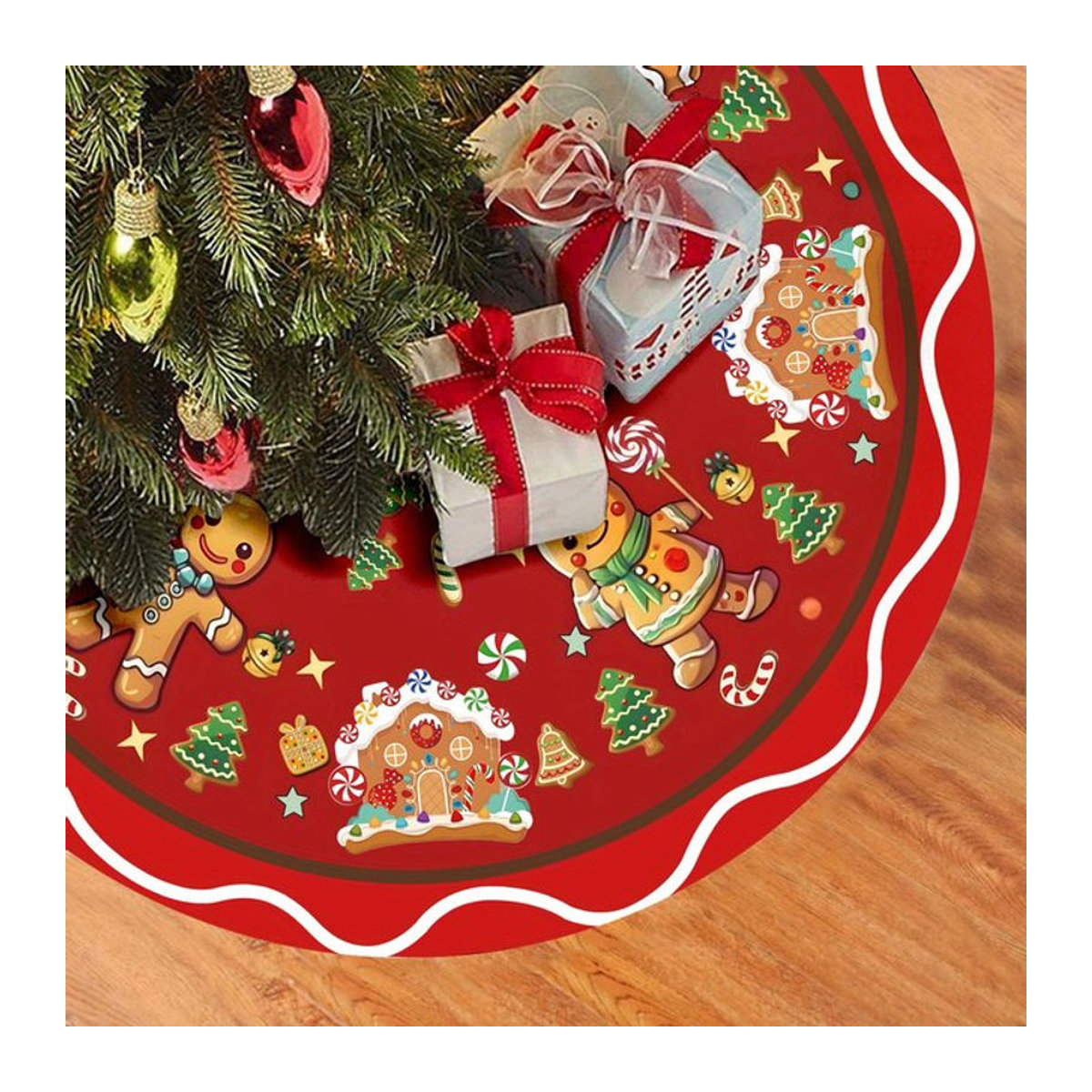 VIKAMA Weihnachtsbaum Rock Lebkuchenhaus Design in Rot mit floralem Muster - Bild 1