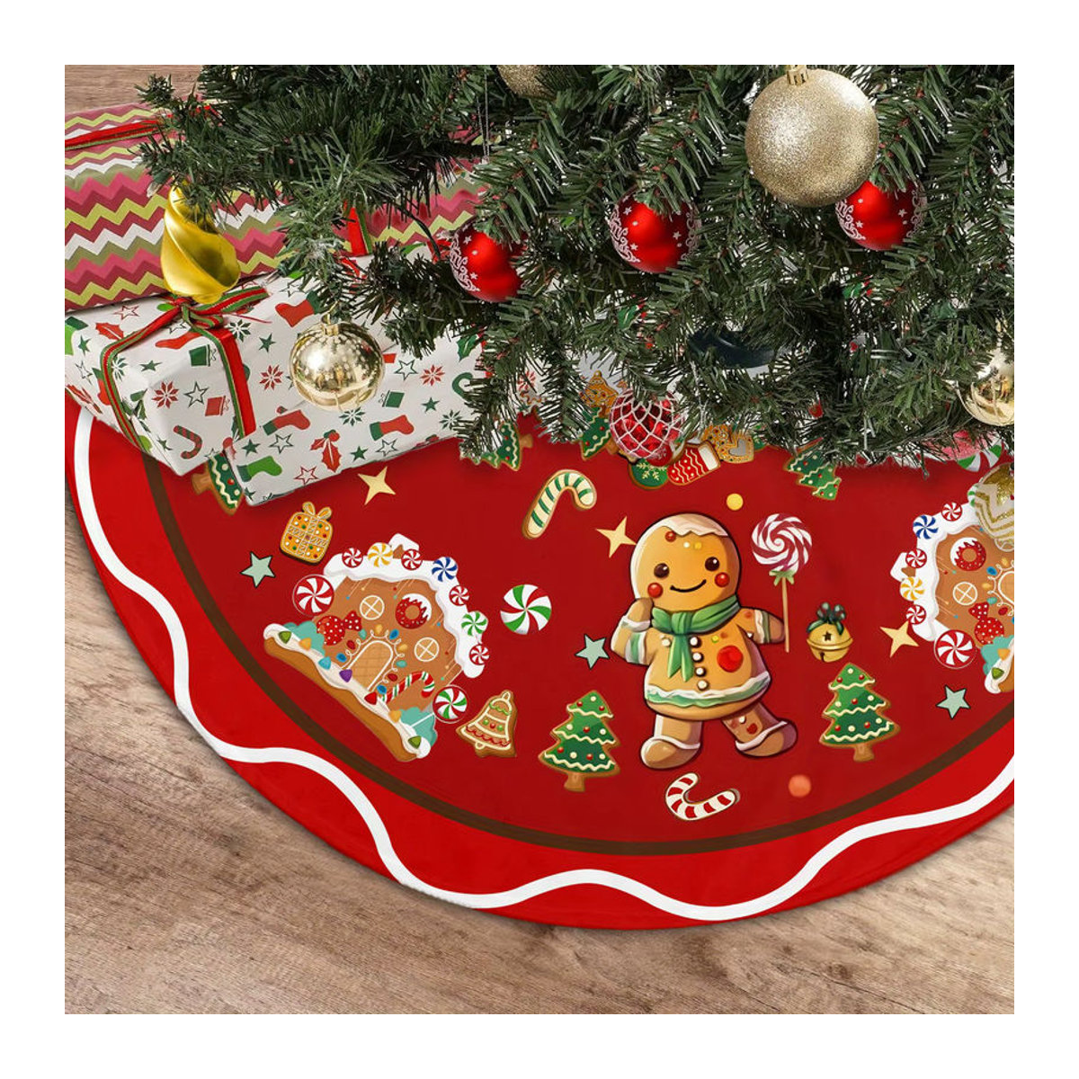 VIKAMA Weihnachtsbaum Rock Lebkuchenhaus Design in Rot mit floralem Muster - Bild 2
