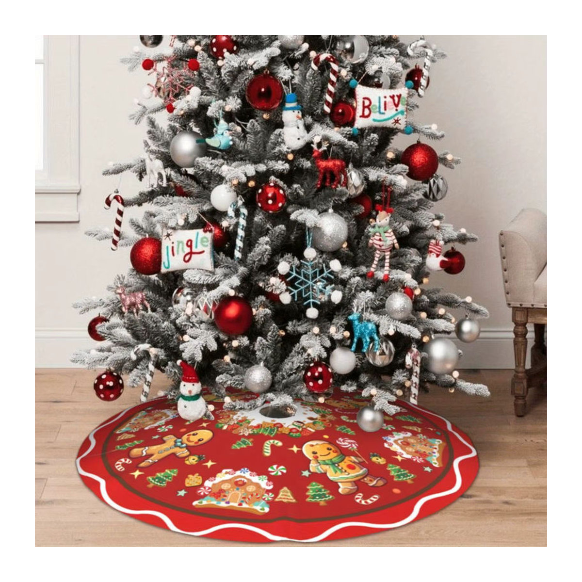 VIKAMA Weihnachtsbaum Rock Lebkuchenhaus Design in Rot mit floralem Muster - Bild 3