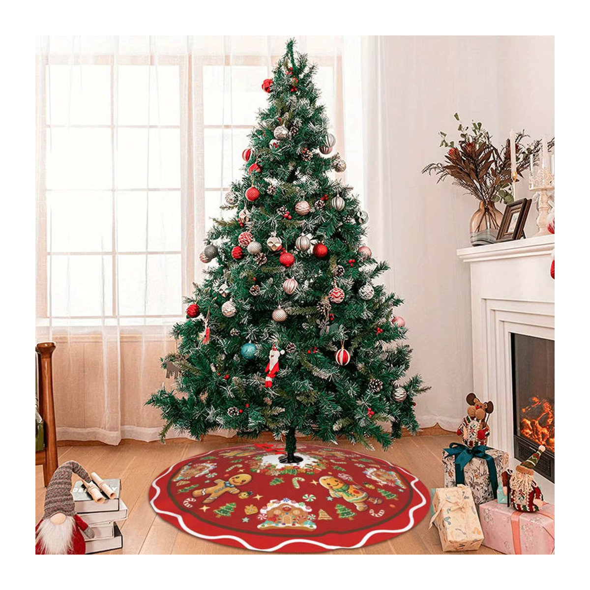 VIKAMA Weihnachtsbaum Rock Lebkuchenhaus Design in Rot mit floralem Muster - Bild 5
