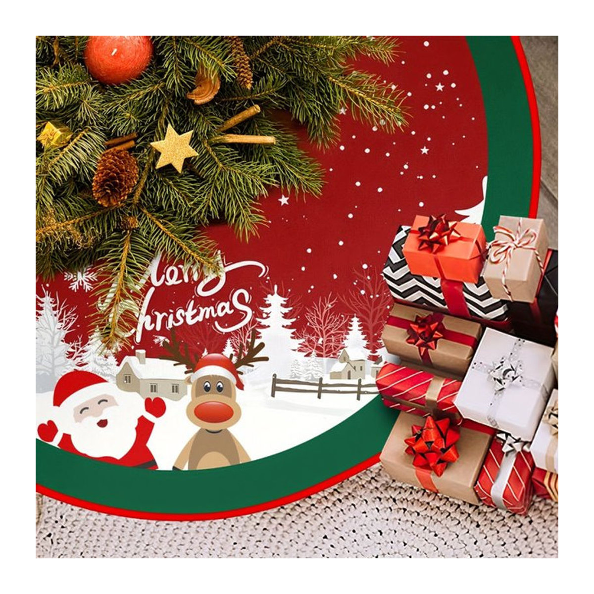 VIKAMA Weihnachtsbaum Rock mit Cartoon Santa und Rentier Muster in Rot für deine Weihnachtsdekoration - Bild 1