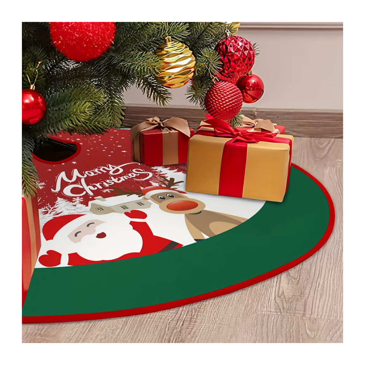 VIKAMA Weihnachtsbaum Rock mit Cartoon Santa und Rentier Muster in Rot für deine Weihnachtsdekoration - Bild 2