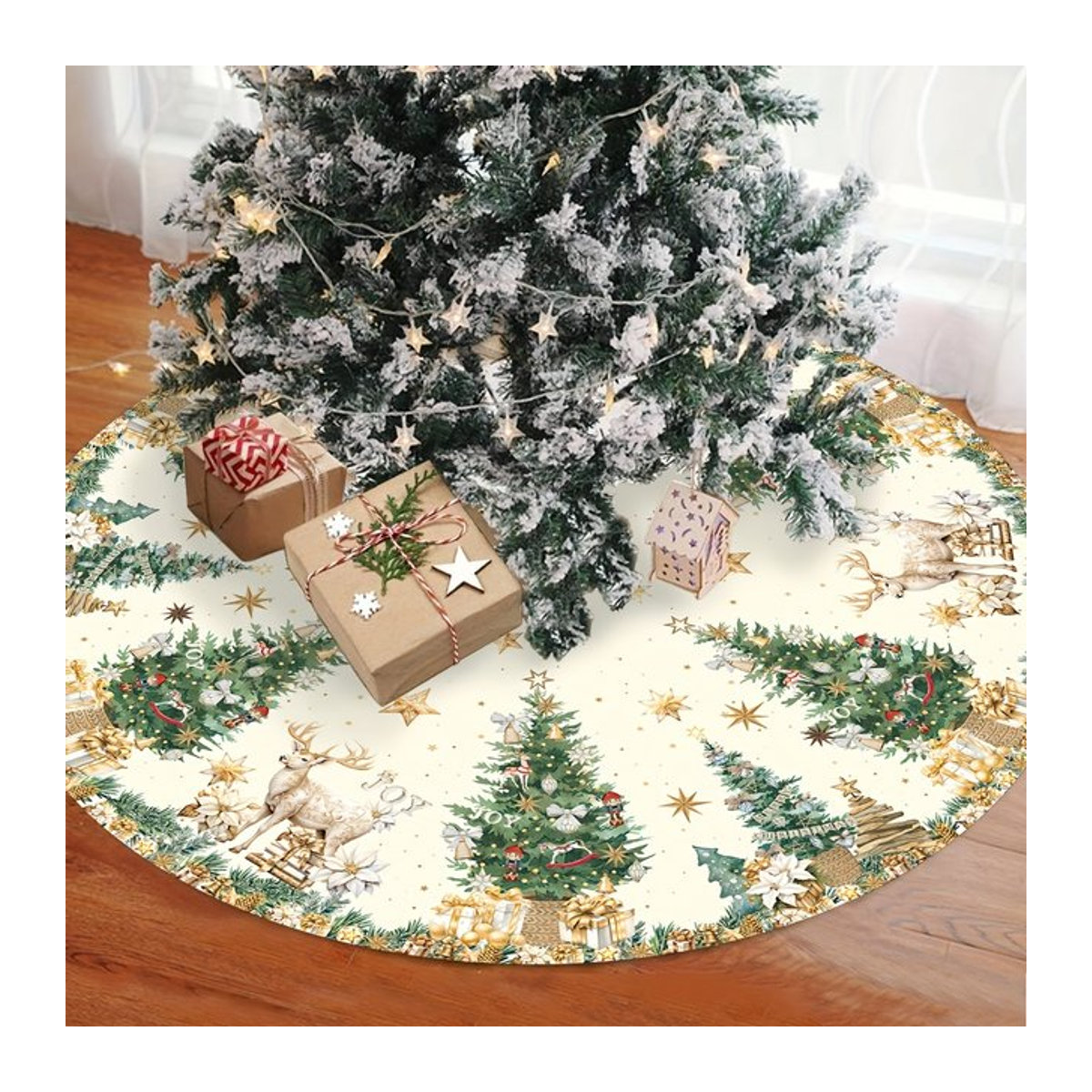 VIKAMA Weihnachtsbaum Rock mit Rentier-Motiv in Weiß, runde Textil-Baummatte für festliche Dekoration - Bild 1