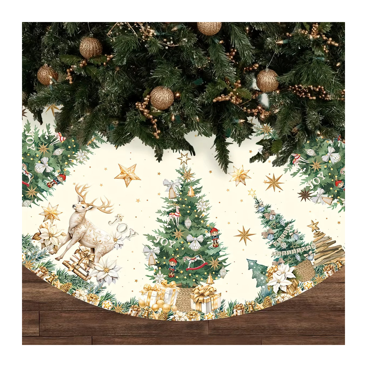 VIKAMA Weihnachtsbaum Rock mit Rentier-Motiv in Weiß, runde Textil-Baummatte für festliche Dekoration - Bild 2