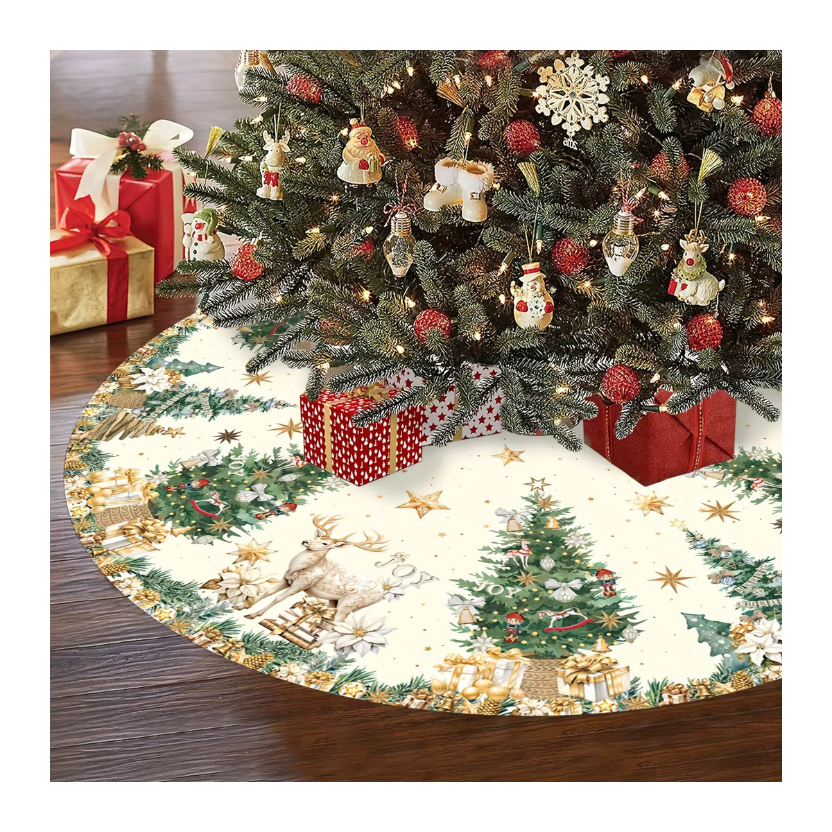 VIKAMA Weihnachtsbaum Rock mit Rentier-Motiv in Weiß, runde Textil-Baummatte für festliche Dekoration - Bild 3