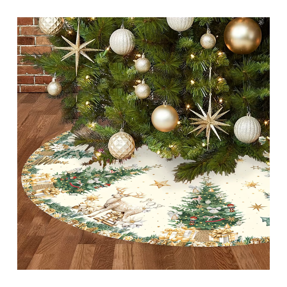VIKAMA Weihnachtsbaum Rock mit Rentier-Motiv in Weiß, runde Textil-Baummatte für festliche Dekoration - Bild 4